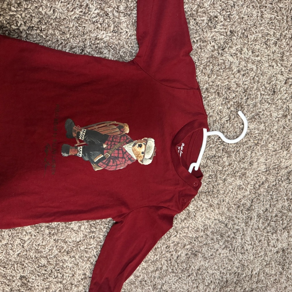 Ralph Lauren Burgundy Bear Graphic Long-Sleeve Tee